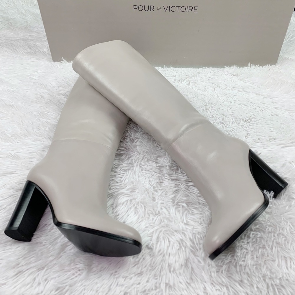 Pour La Victoire block heeled leather‎ tall boots in neutral